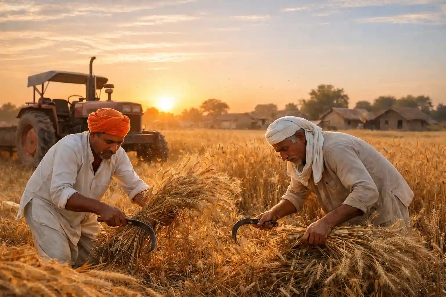 Bharatiya kisan gehu ke khet mein kaam karte hue - PM Kisan Samman Nidhi yojana ke labharthi