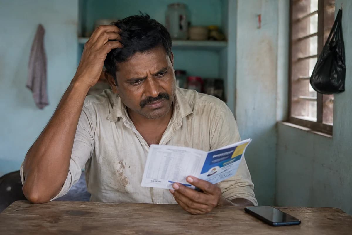 Farmer checking bank passbook confused about PM Kisan Maandhan auto debit deduction