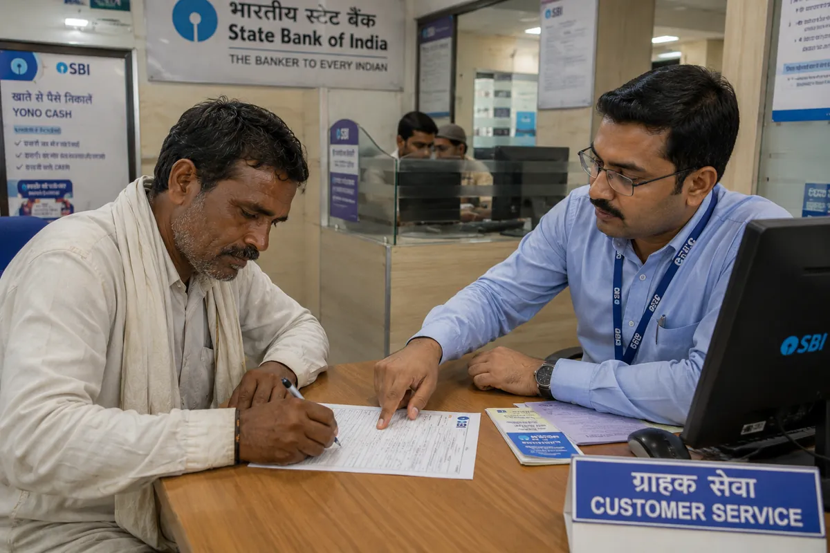 Bank NACH mandate cancellation form being filled by farmer with bank officer