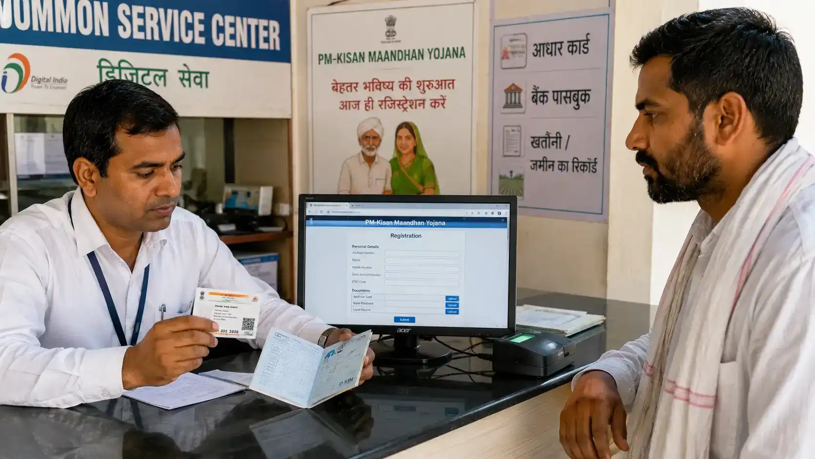 Registration counter par kisan ka Aadhaar aur bank passbook milan karte hue