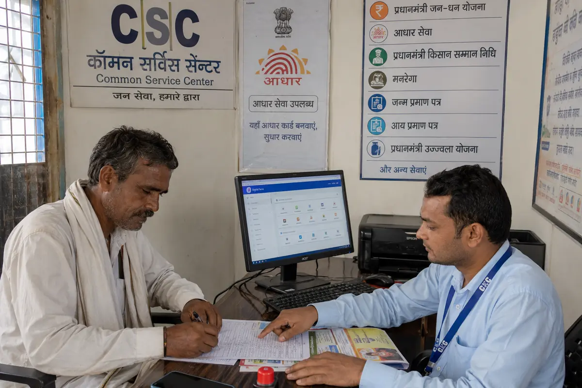 CSC center pe farmer auto-debit mandate form sign kar raha hai with CSC operator