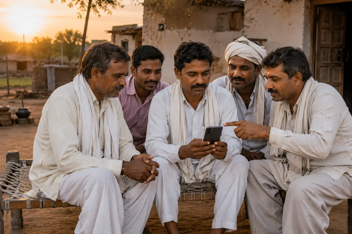 Group of farmers in village discussing PM Kisan Maandhan auto debit and pension scheme