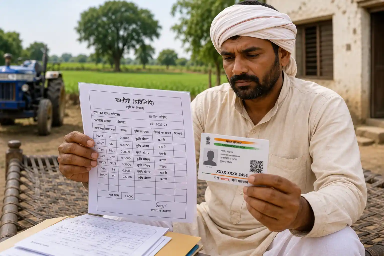 Patwari ke paas khatauni aur zameen ke record ki jaanch karta kisan