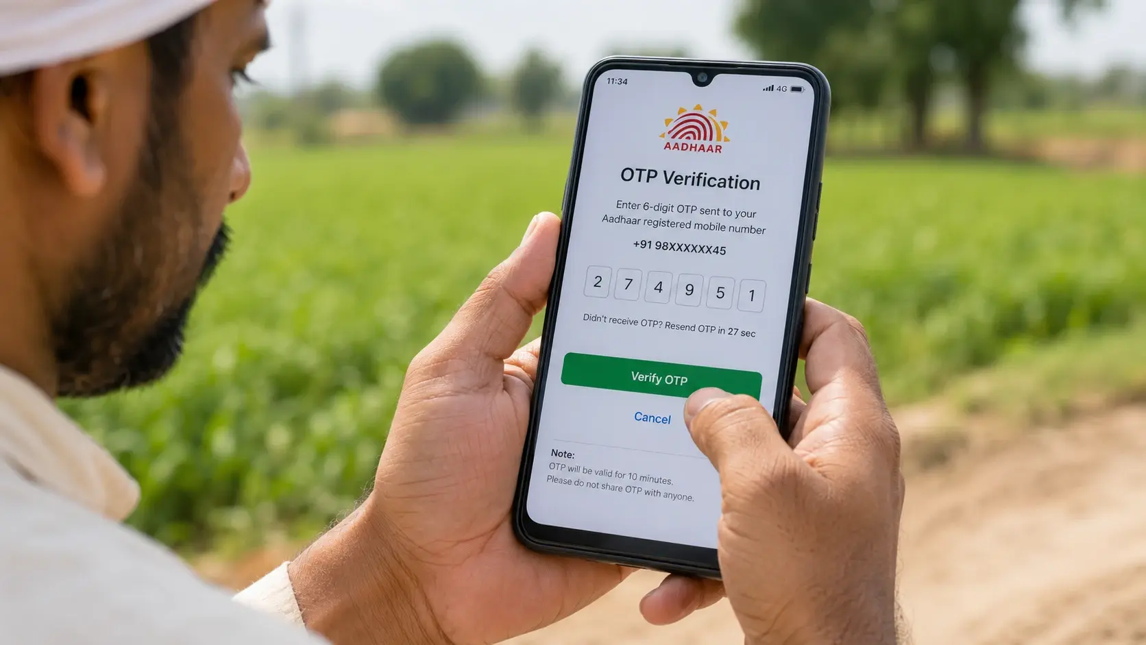 Mobile par Aadhaar OTP verification karte hue kisan