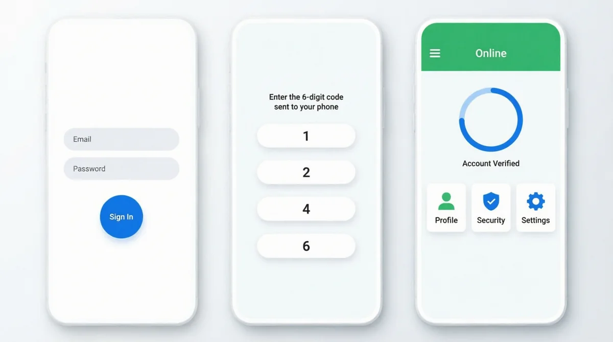 Step by step mobile screenshots showing PM Kisan Maandhan portal login and status verify process