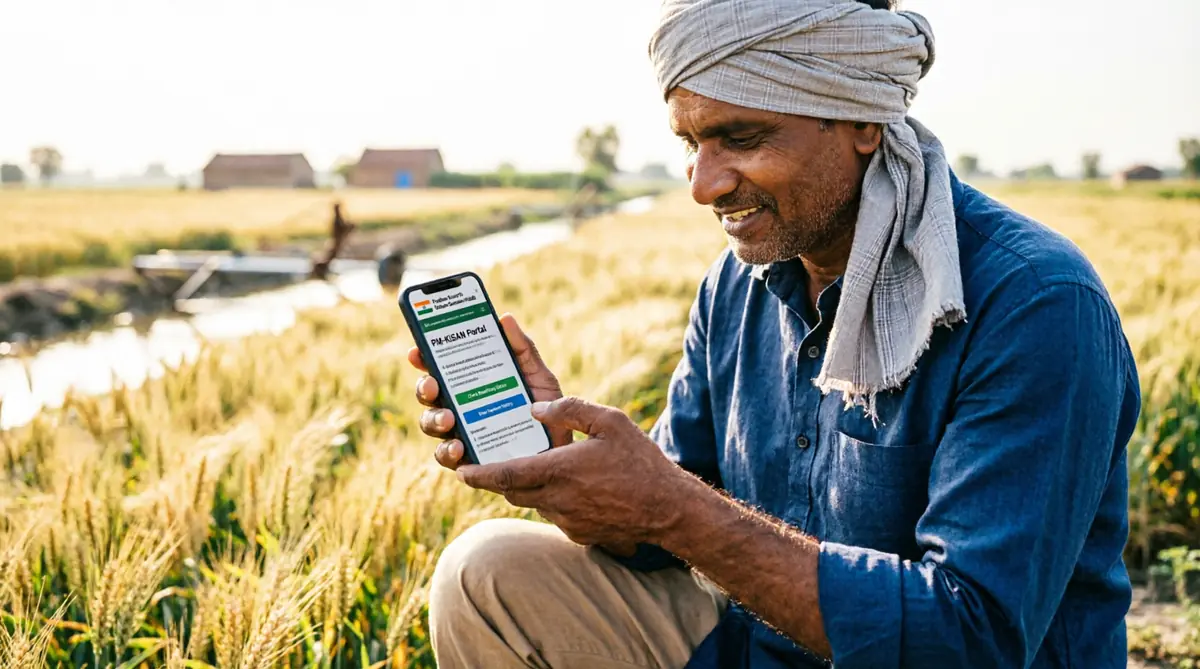 Farmer using smartphone to check PM Kisan Maandhan status on official portal