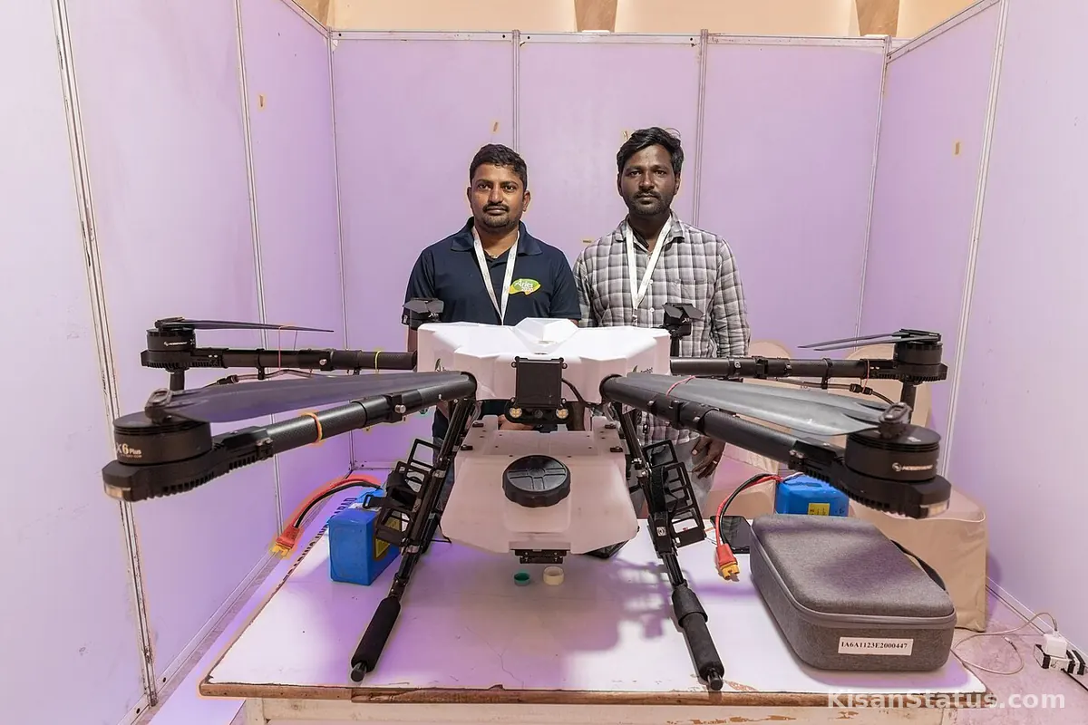 कृषि sprayer ड्रोन — tank, nozzle और भारी frame के साथ मशीन का नजदीक से दृश्य