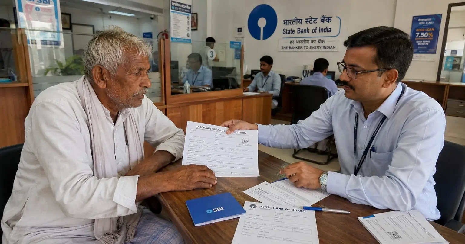 Farmer at bank branch submitting Aadhaar seeding form for PM Kisan payment fix