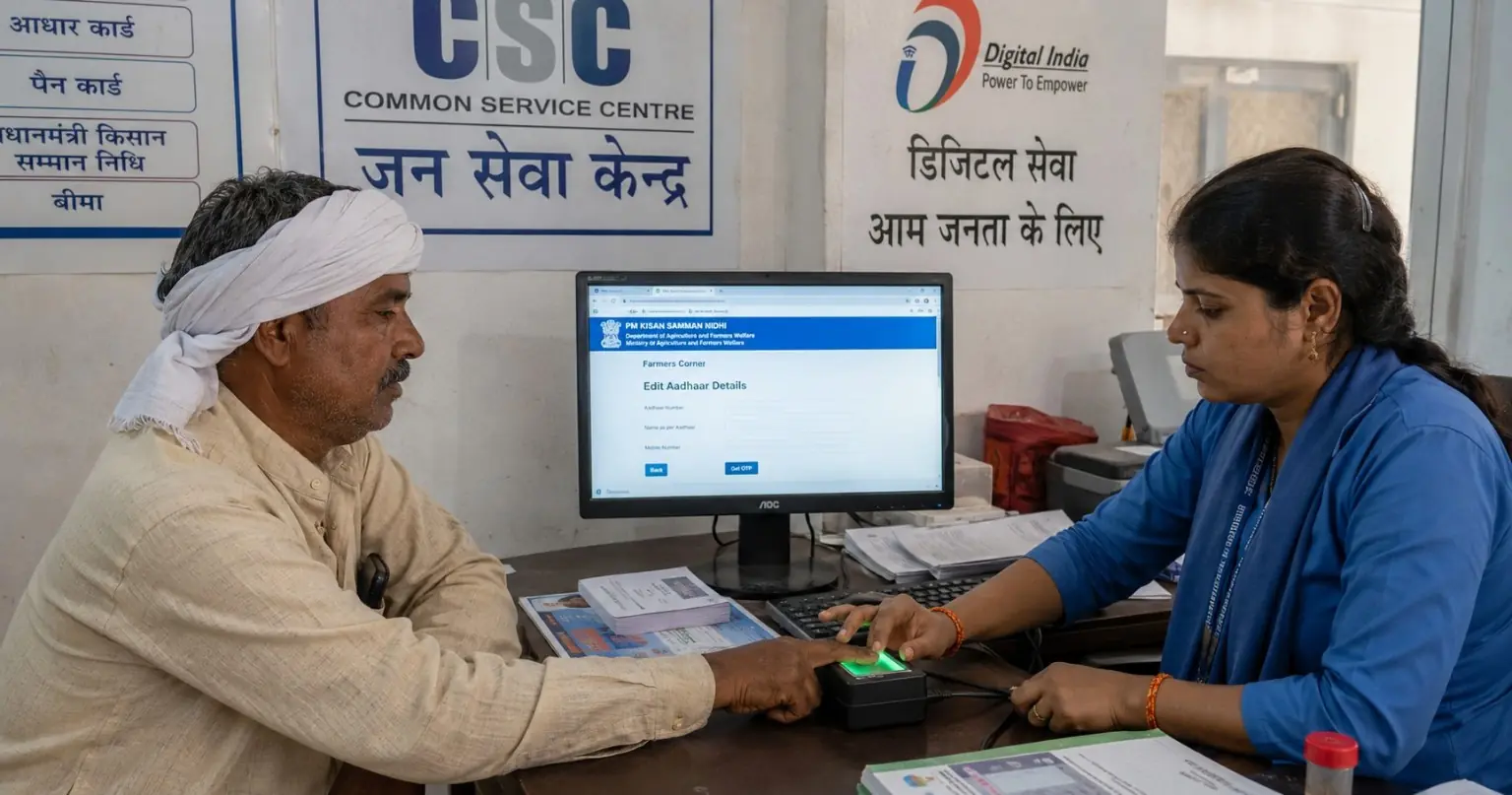 Farmer visiting CSC center for PM Kisan correction form filling with operator