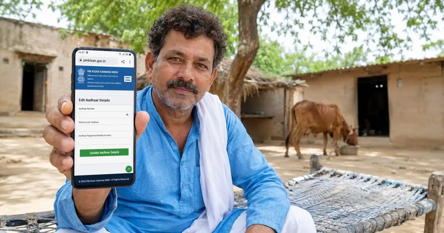 PM Kisan correction form 2026 — farmer fixing details on mobile phone in village