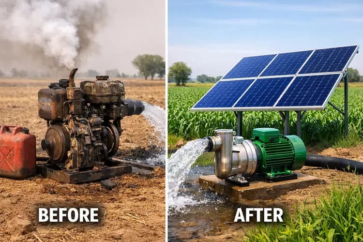 Split image showing rusty old diesel pump on left side vs shiny new solar pump with panels on right side in same farm setting