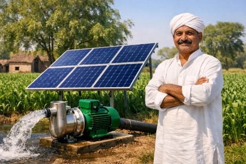 Indian farmer standing proudly next to installed solar water pump in lush green field with panels tilted at angle