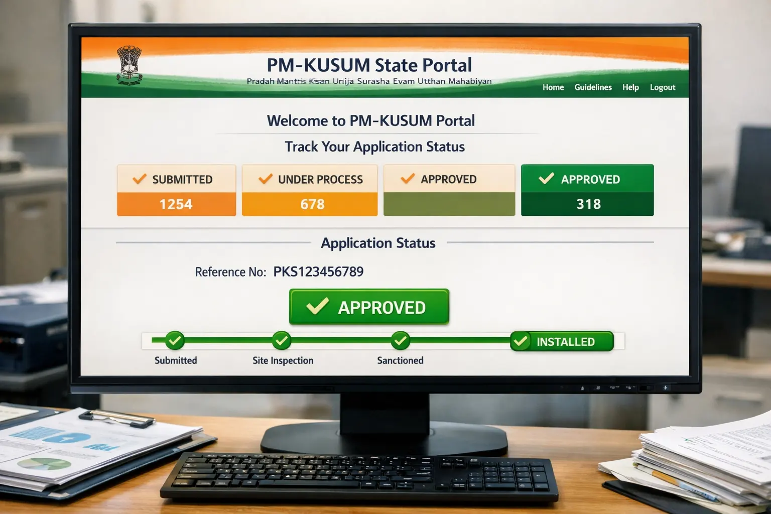 PM Kusum state portal dashboard showing application status tracker with green approved badge