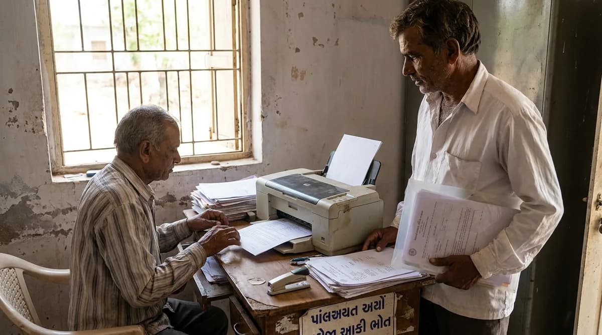 Gujarat ke panchayat karyalay me gram sevak arji ka print nikaal raha hai aur khedut documents ki file le kar khada hai