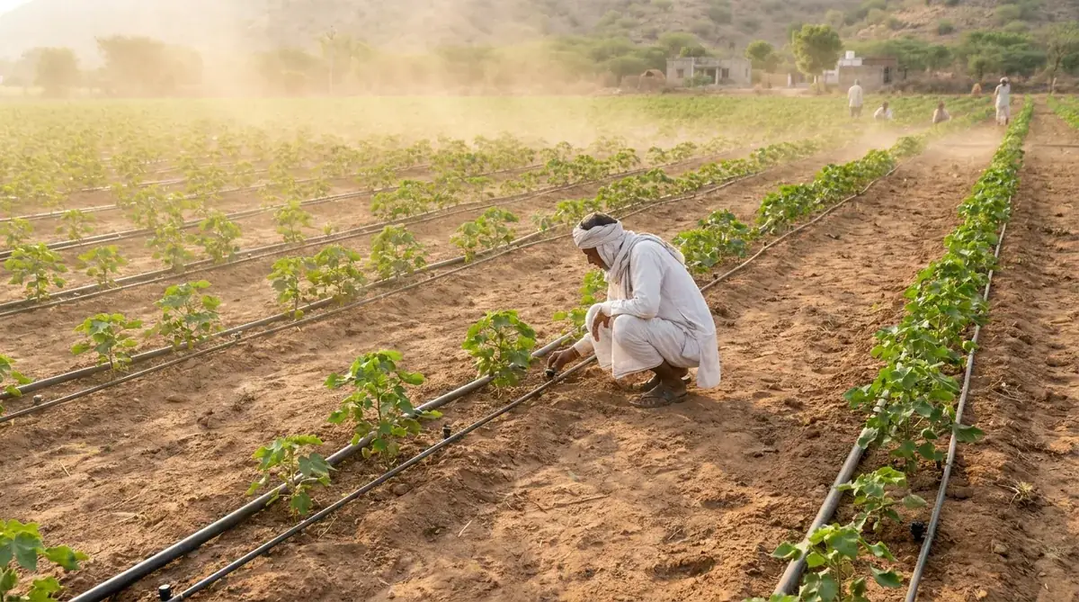 Gujarat ke kapas ke khet me drip irrigation ki black pipe lines aur khedut emitter check kar raha hai