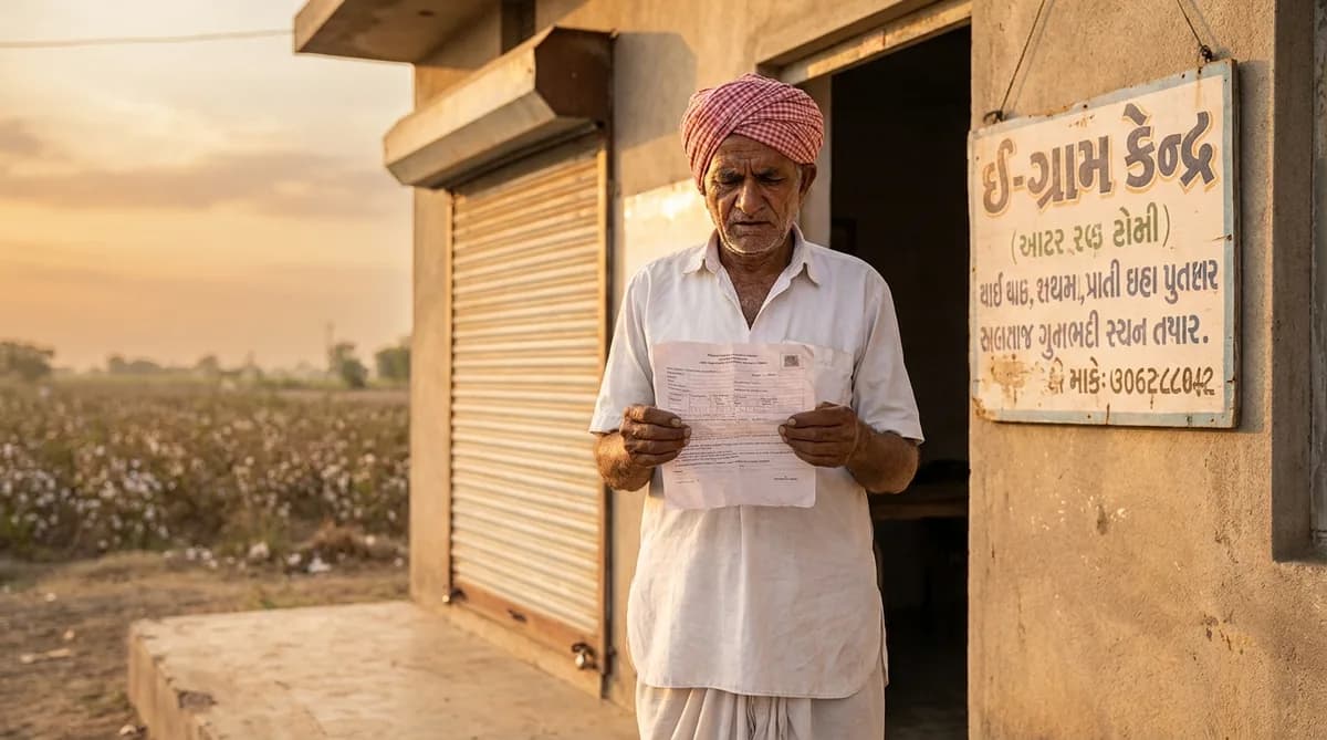 Gujarat ke gaon me e-gram centre ke bahar khada khedut haath me arji ka print le kar band shutter dekh raha hai