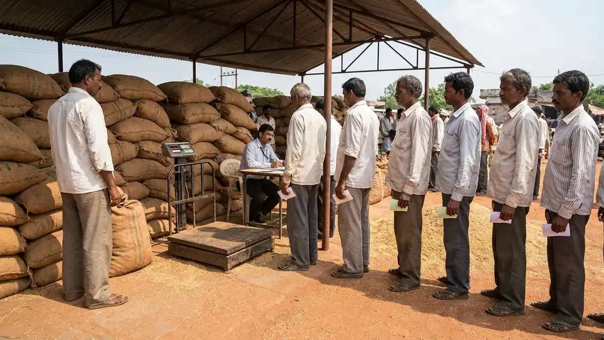 Chhattisgarh ke dhan kharidi kendra par bori mein bhara dhan aur taul ke intezaar mein khade kisan