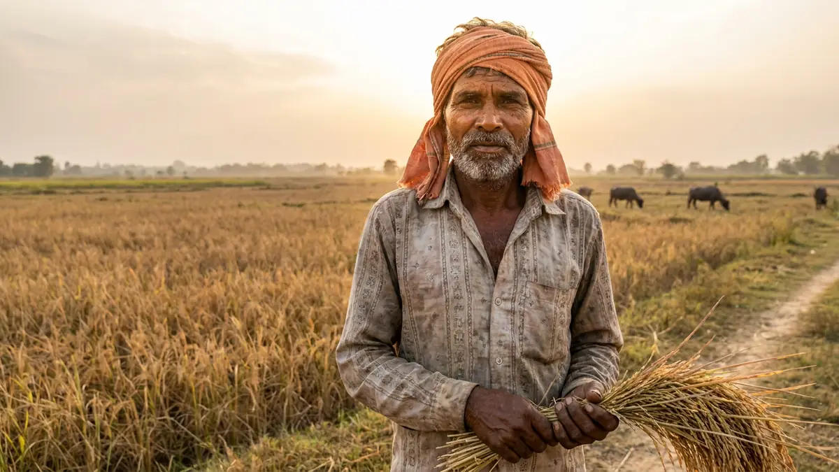 Chhattisgarh ka kisan apne pake dhan ke khet mein katayi ki hui baaliyan haath mein liye khada hai