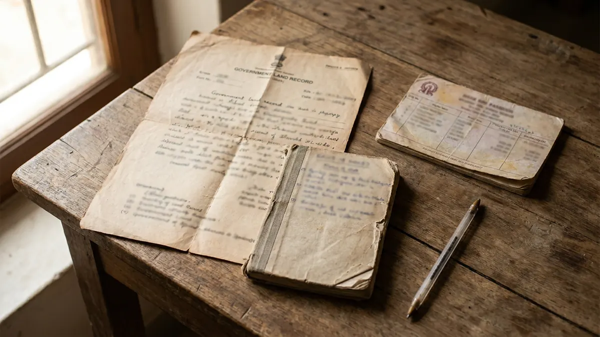 Mez par rakhe kisan ke kagzaat — zameen ka record, passbook aur notebook