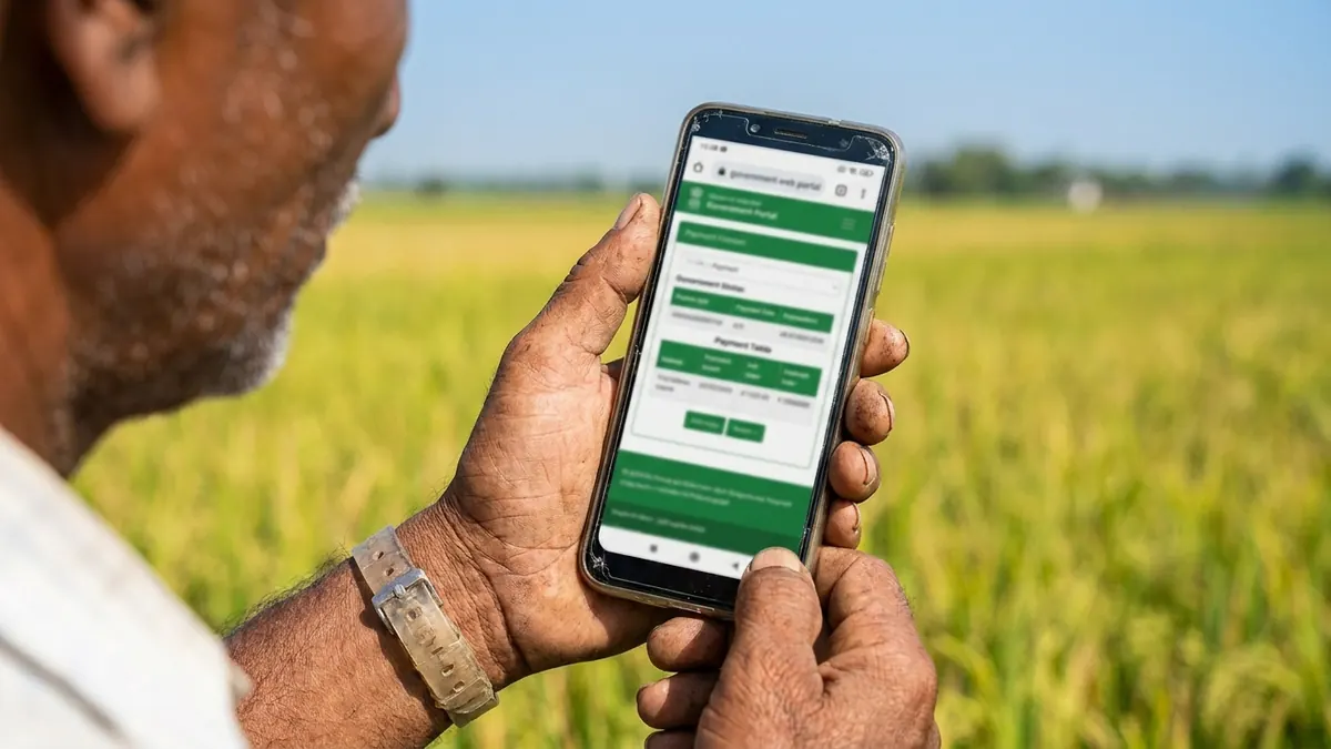 Kisan apne phone par sarkari portal kholkar dhan kharidi aur bhugtan ki jaankari dekh raha hai