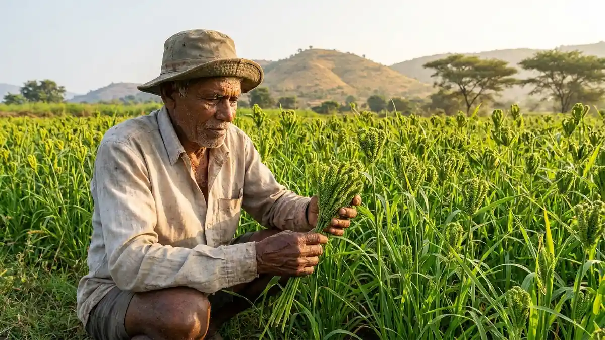 Kisan apne khet mein ragi ki hari fasal ki baaliyan jaanch raha hai