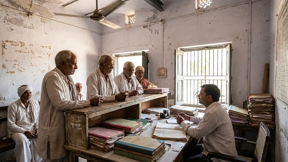 Gaon ki sahkari samiti ke daftar mein kisan clerk se apni kharidi entry ke baare mein baat kar rahe hain