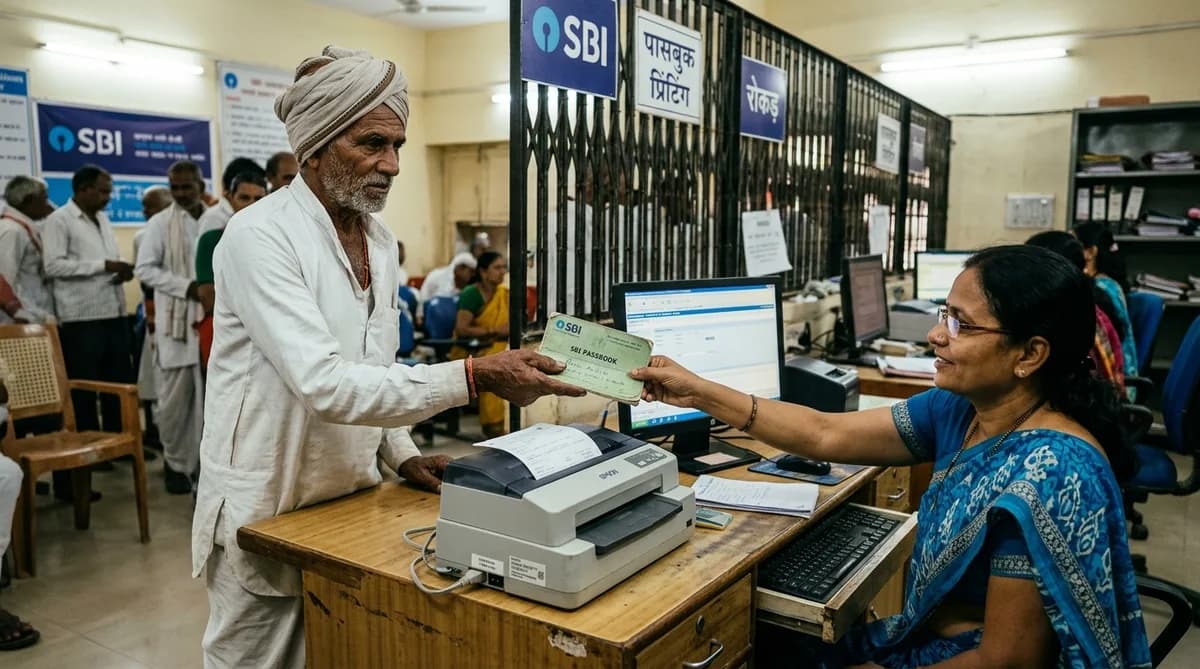 Kisan bank counter par passbook entry karwa kar MSP payment ka credit check kar raha hai