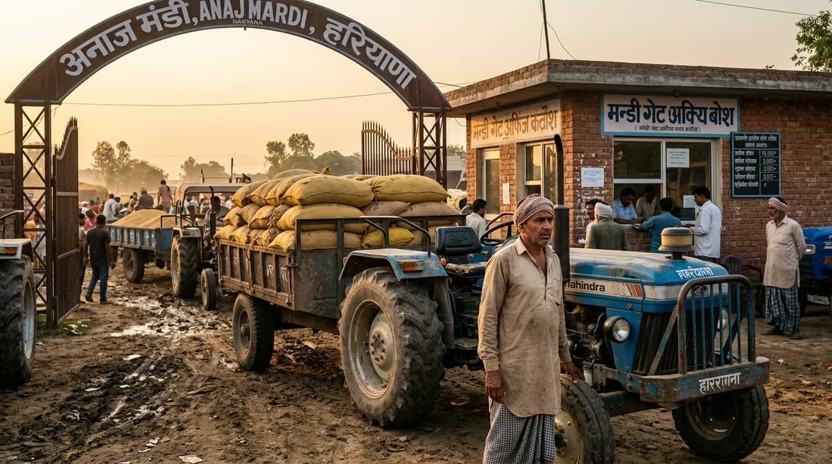 Haryana ki anaj mandi ke gate par dhan se bhari tractor-trolley khadi hai aur kisan gate pass ka intezaar kar raha hai
