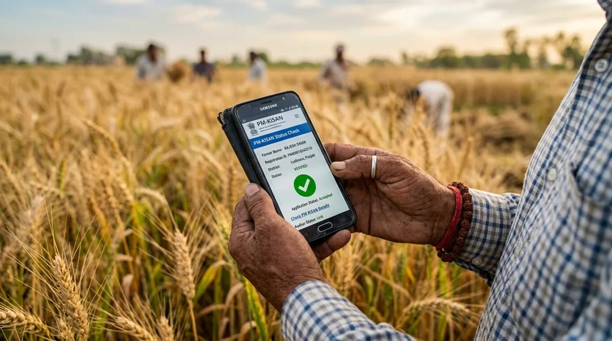 Kisan apne mobile phone par Meri Fasal Mera Byora portal ka status page dekh raha hai
