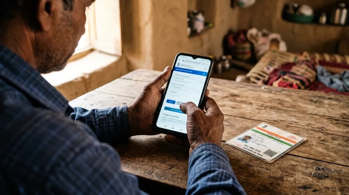 Kisan ke haath me mobile jisme sarkari portal ka form khula hai, paas me table par Aadhaar card rakha hai