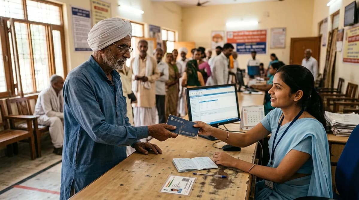 Kisan bank ke counter par passbook aur Aadhaar card ke saath Aadhaar seeding ki jaankari le raha hai