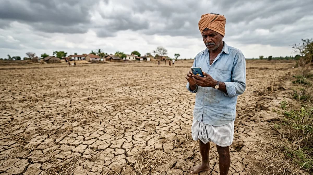 Karnataka ka kisan sukhe se phati zameen ke kinare khada apne mobile par Parihara payment status dekh raha hai