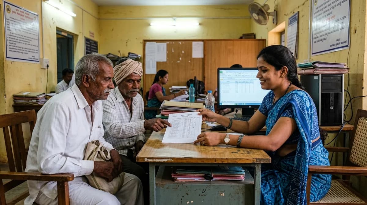 Gram panchayat office me operator do kisano ko printed beneficiary list dikha raha hai