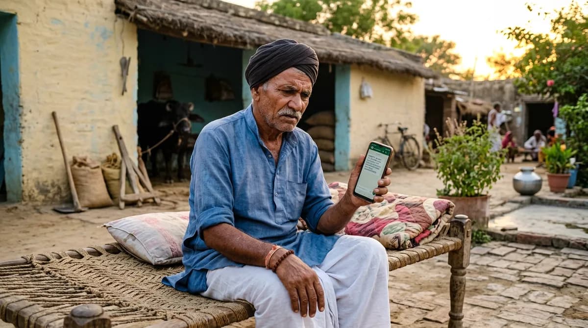 UP ka kisan mobile par WhatsApp message dekh kar soch me pada hai ki karj mafi ka message asli hai ya nakli