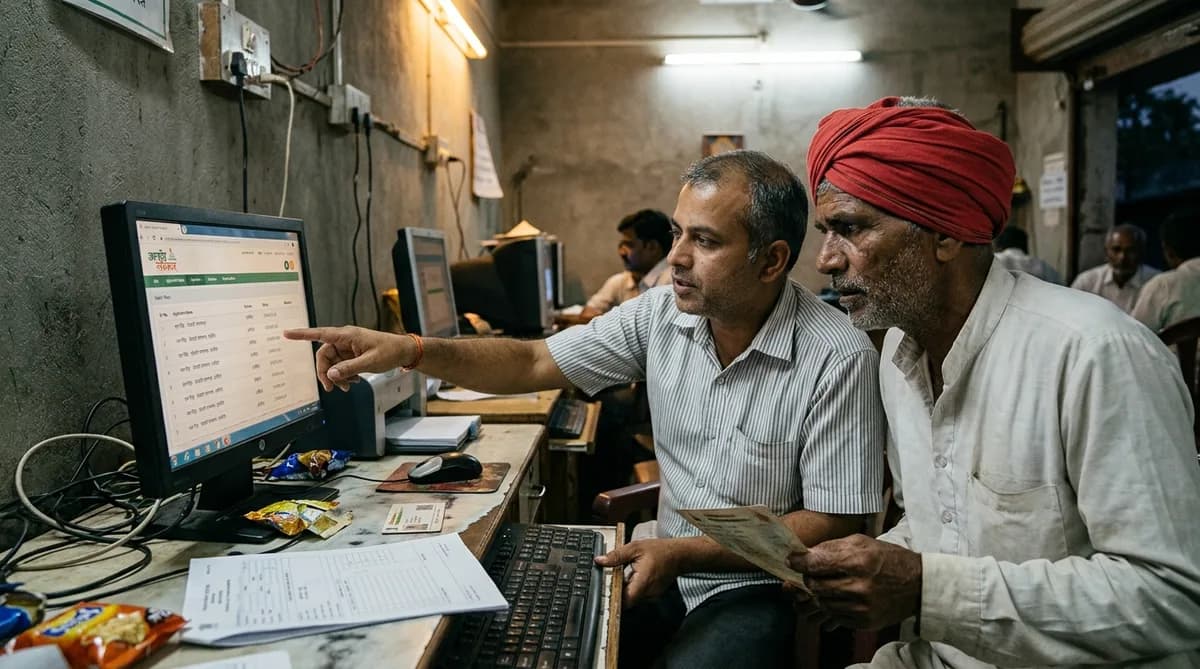 Kisan cyber cafe me computer par UP kisan karj rahat portal se rin mochan ki sthiti check kar raha hai