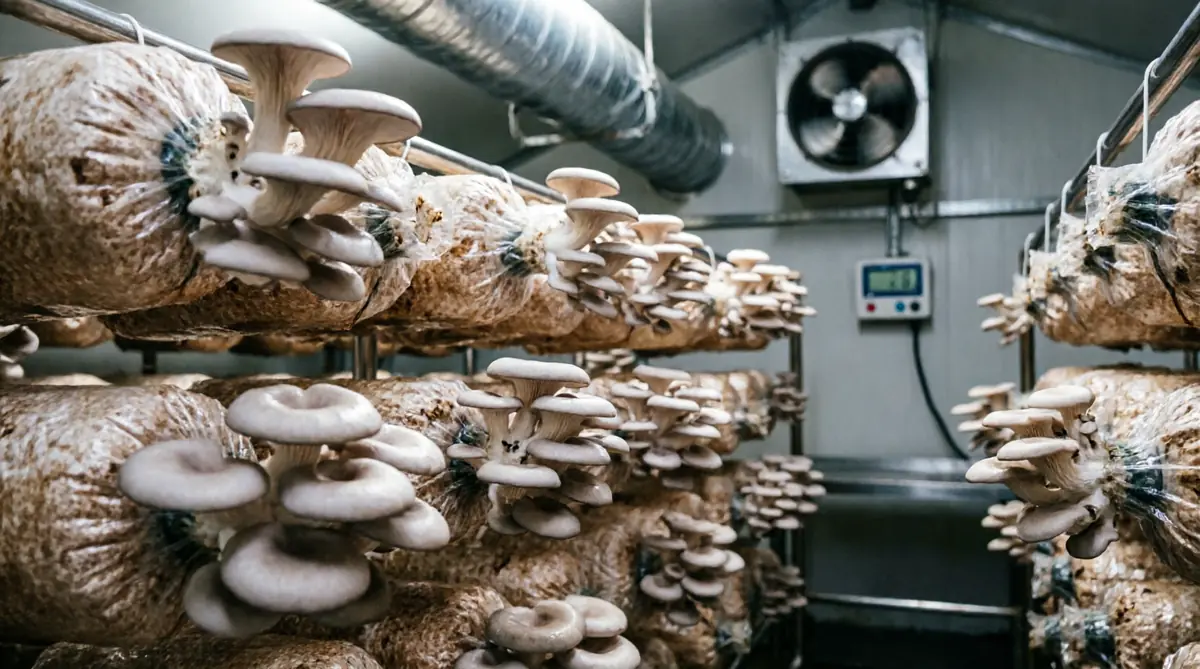Oyster Mushroom Farming Setup in Dark Room