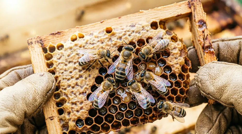 Close-up view of beekeeper inspecting wooden bee frame with queen bee and brood pattern