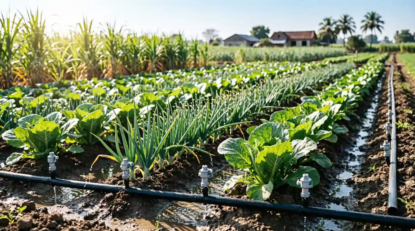 Drip aur sprinkler irrigation system khet mein lagaya hua