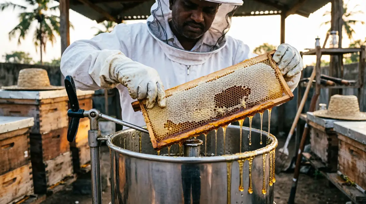 Beekeeper extracting golden honey from wooden frames using manual extractor machine