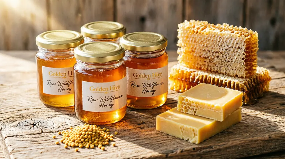 Beautifully arranged glass jars of branded packaged honey and natural honeycomb for retail sale