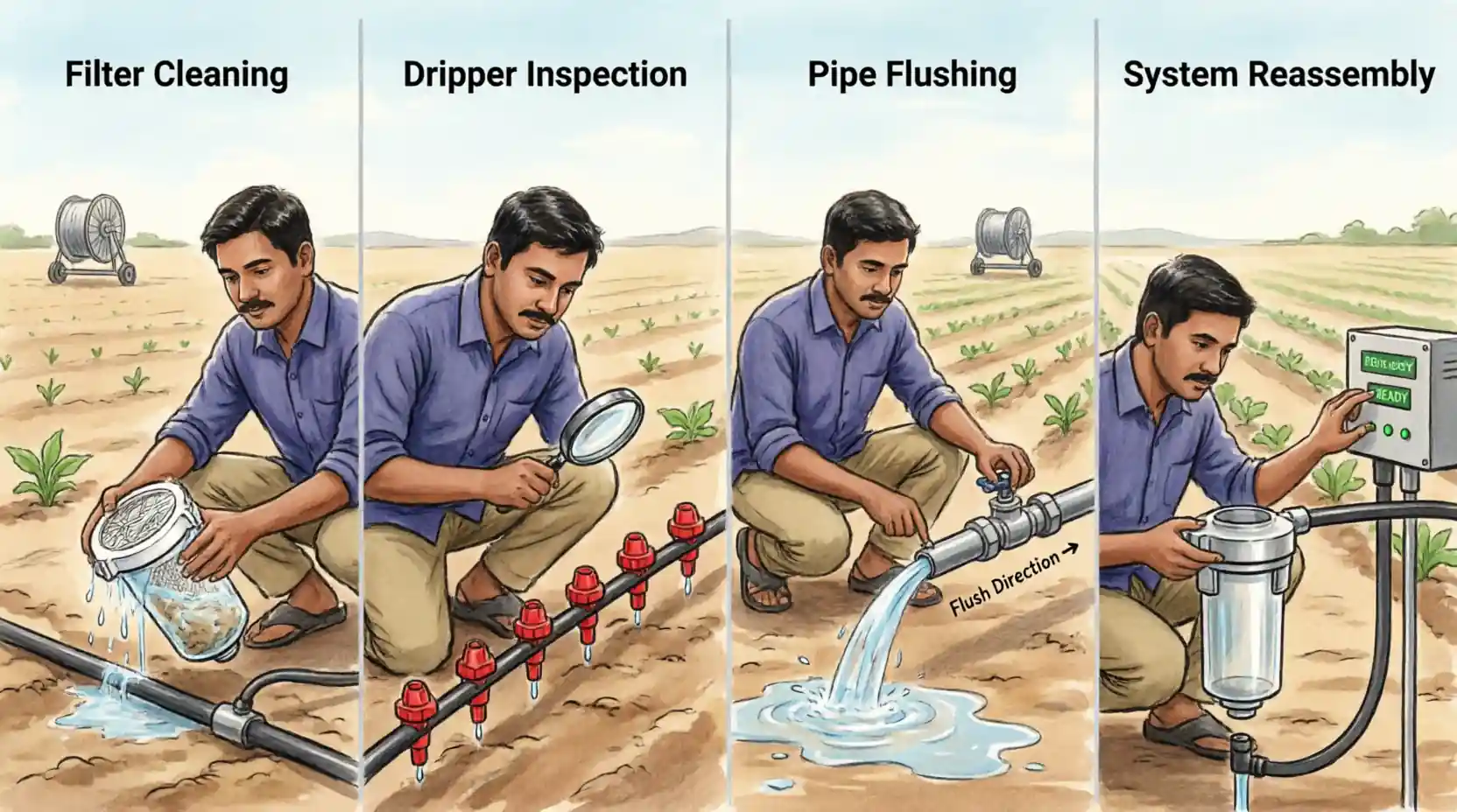 Irrigation system maintenance — filter cleaning, flushing aur seasonal care