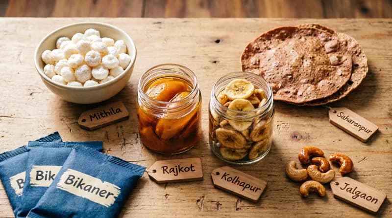 Alag alag zilon ke ODOP food products — makhana, papad, achar
