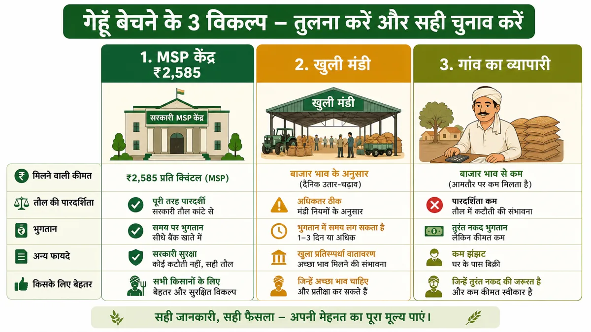 MSP केंद्र, खुली मंडी और गांव के व्यापारी — तीन विकल्पों का diagram
