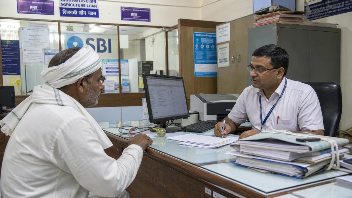 बैंक branch में manager से KCC limit पर बात करता किसान