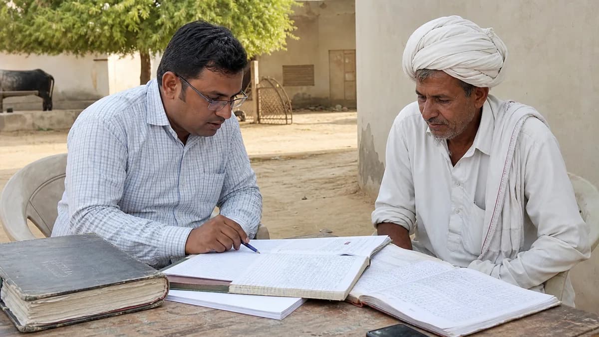 पटवारी गांव में किसान के land record का मिलान करते हुए
