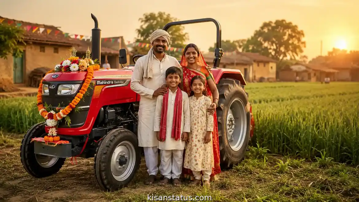 Tractor loan approval success — farmer with new tractor after bank approval