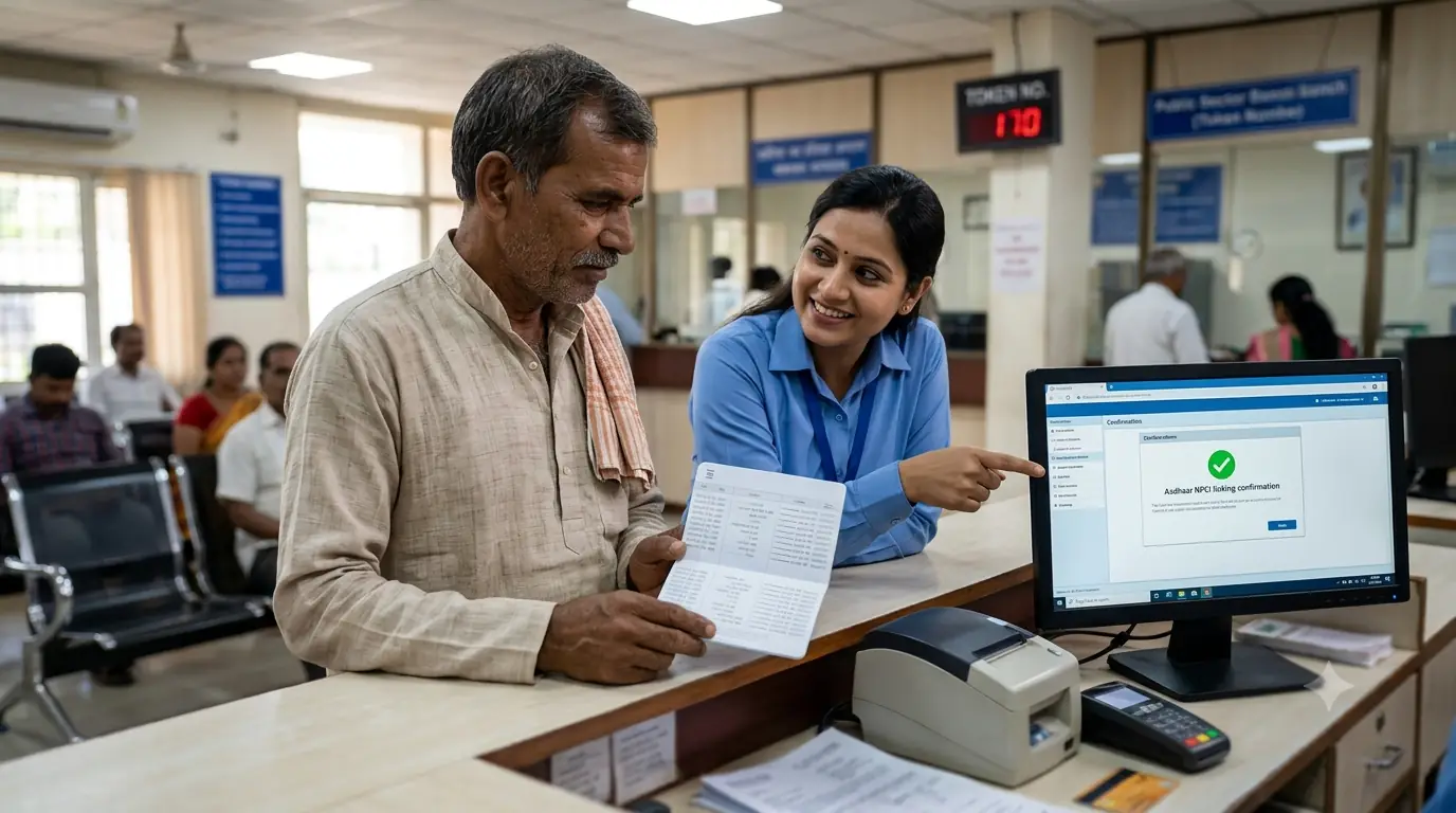 Bank passbook showing NPCI seeding stamp for direct benefit transfer