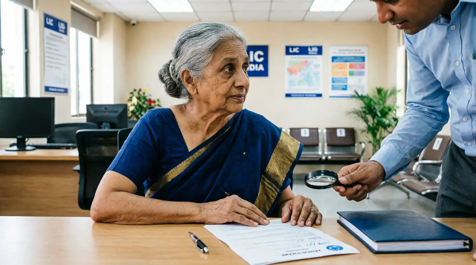 Ek buzurg mahila apne pati ki family pension ki jaankari le rahi hai