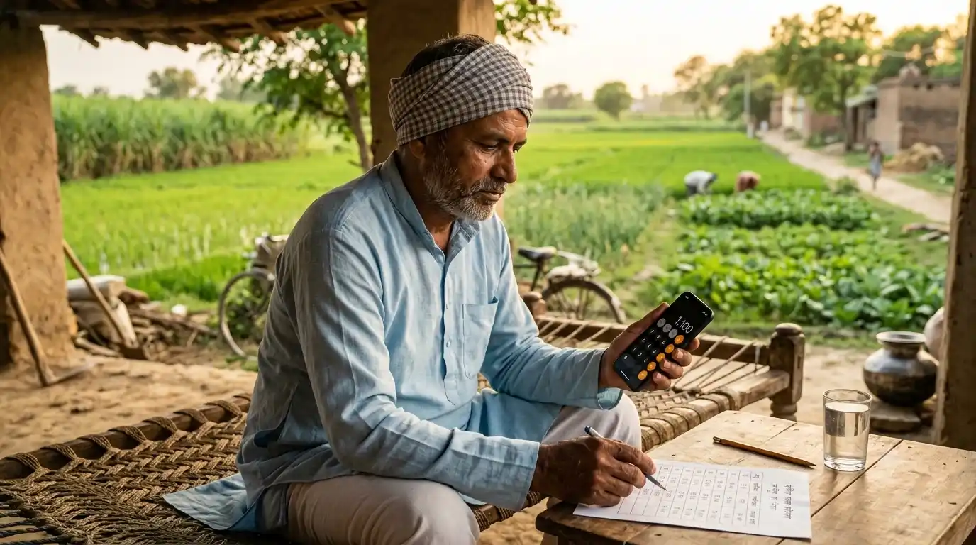 Farmer calculating monthly pension contribution with a chart showing age-wise amounts
