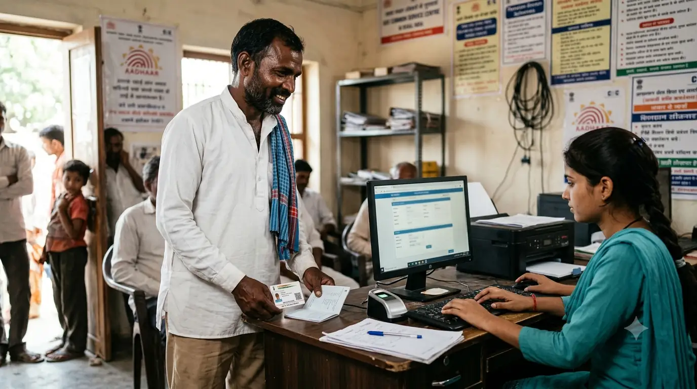 Farmer at CSC center filling pension registration form with operator assistance